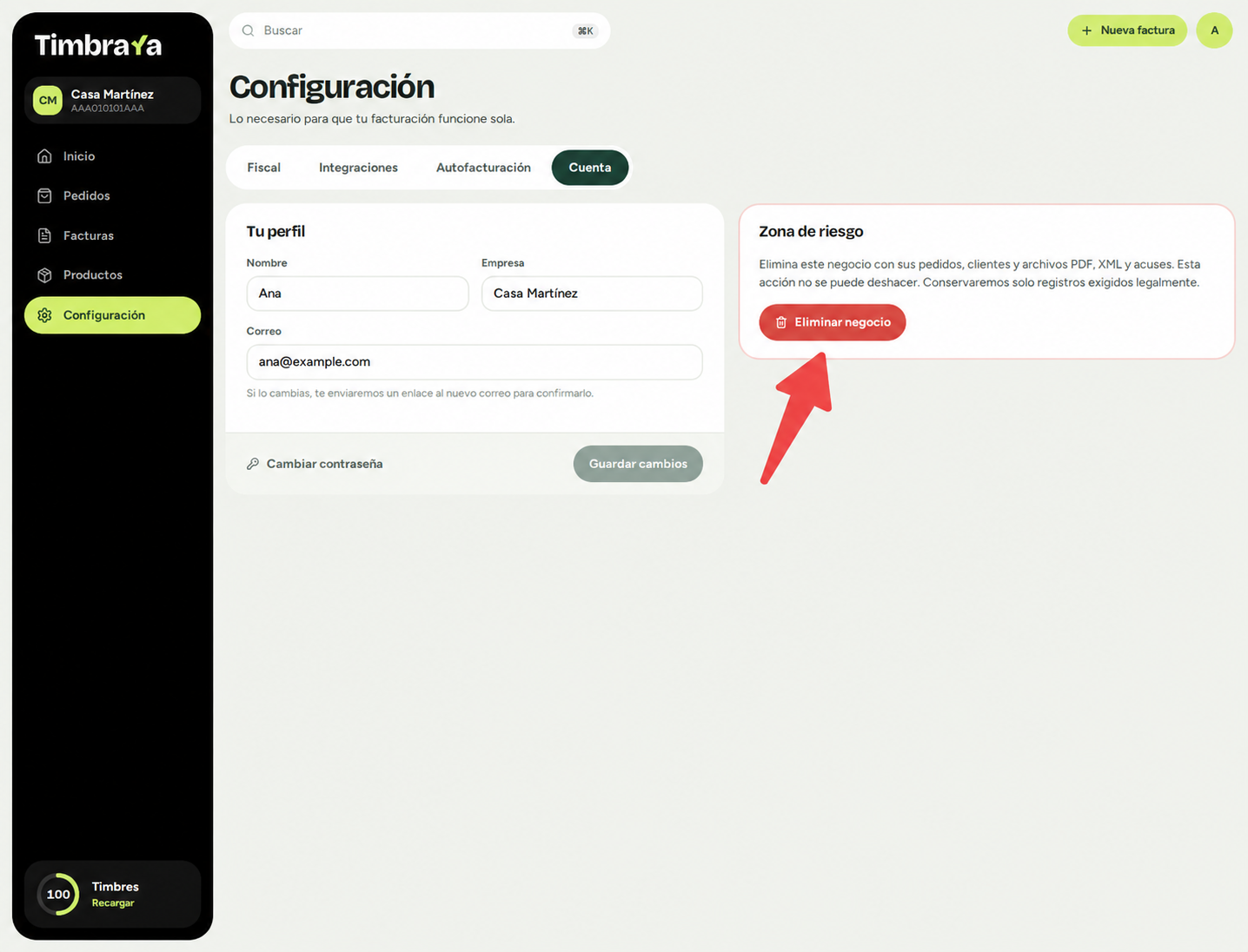 Botón Eliminar negocio en Configuración