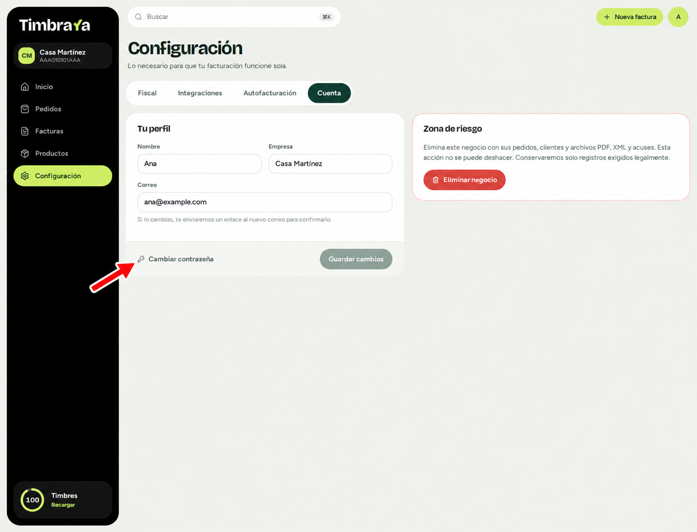 Opción Cambiar contraseña en tu perfil