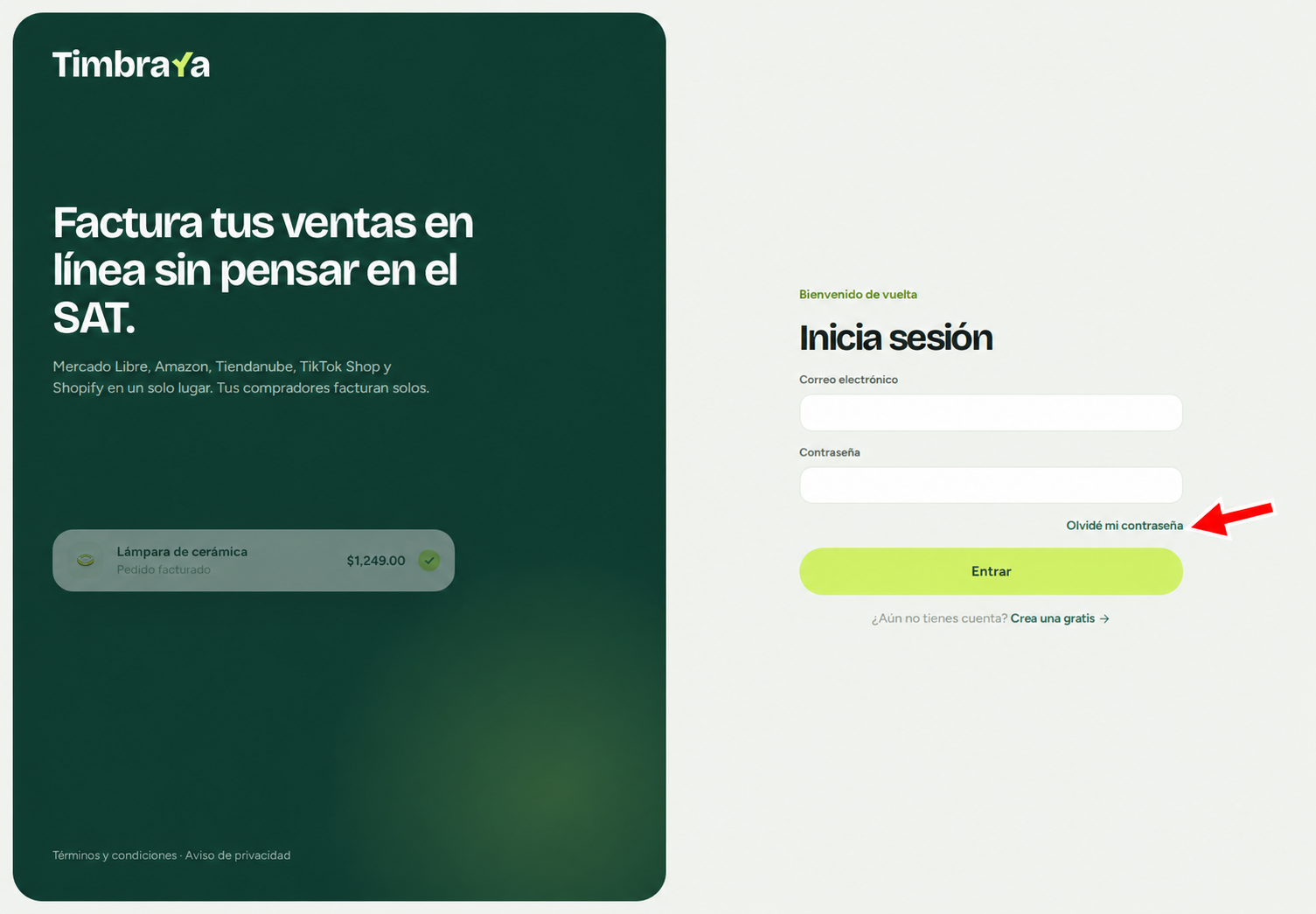 Enlace Olvidé mi contraseña en el inicio de sesión