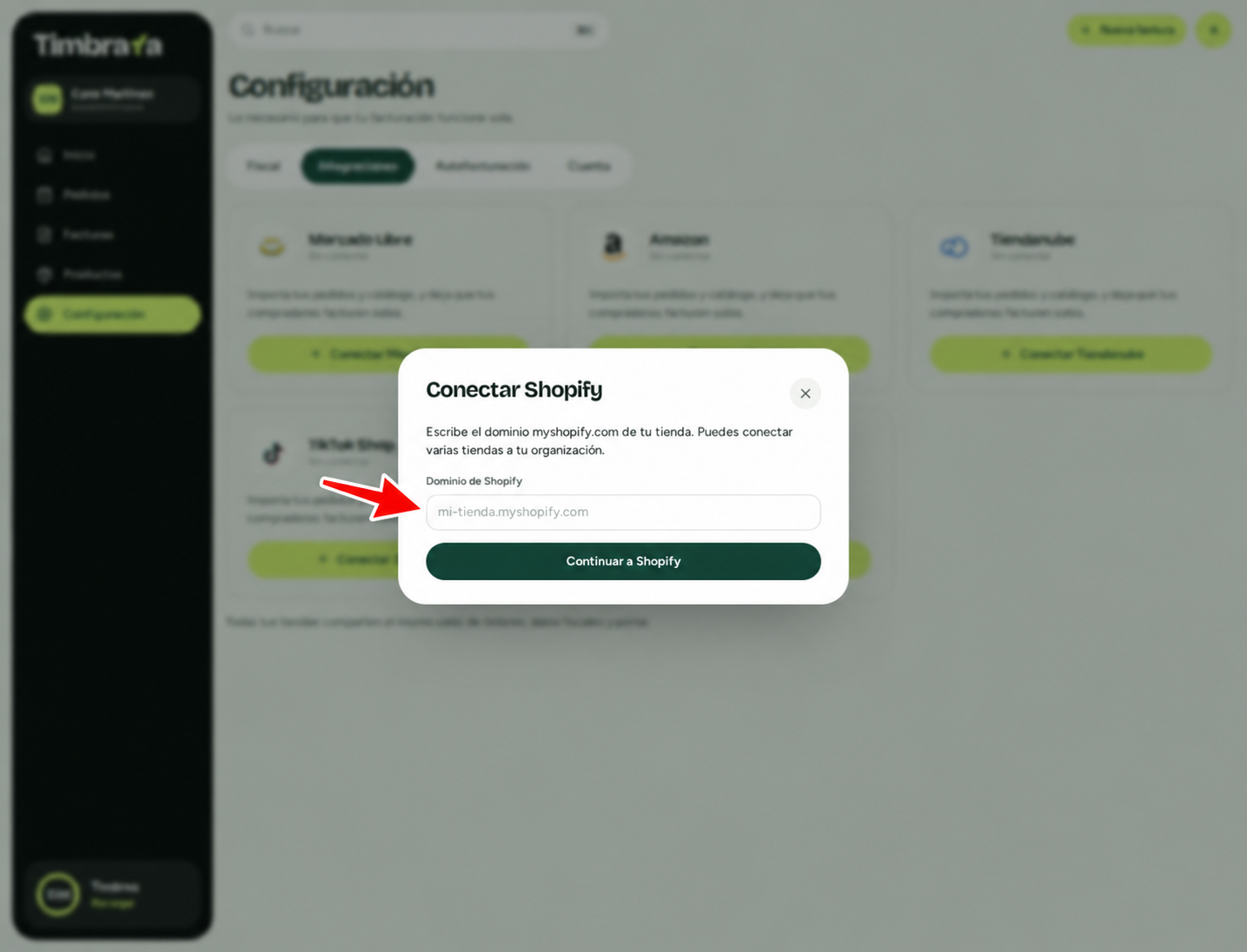 Campo para escribir el dominio de Shopify