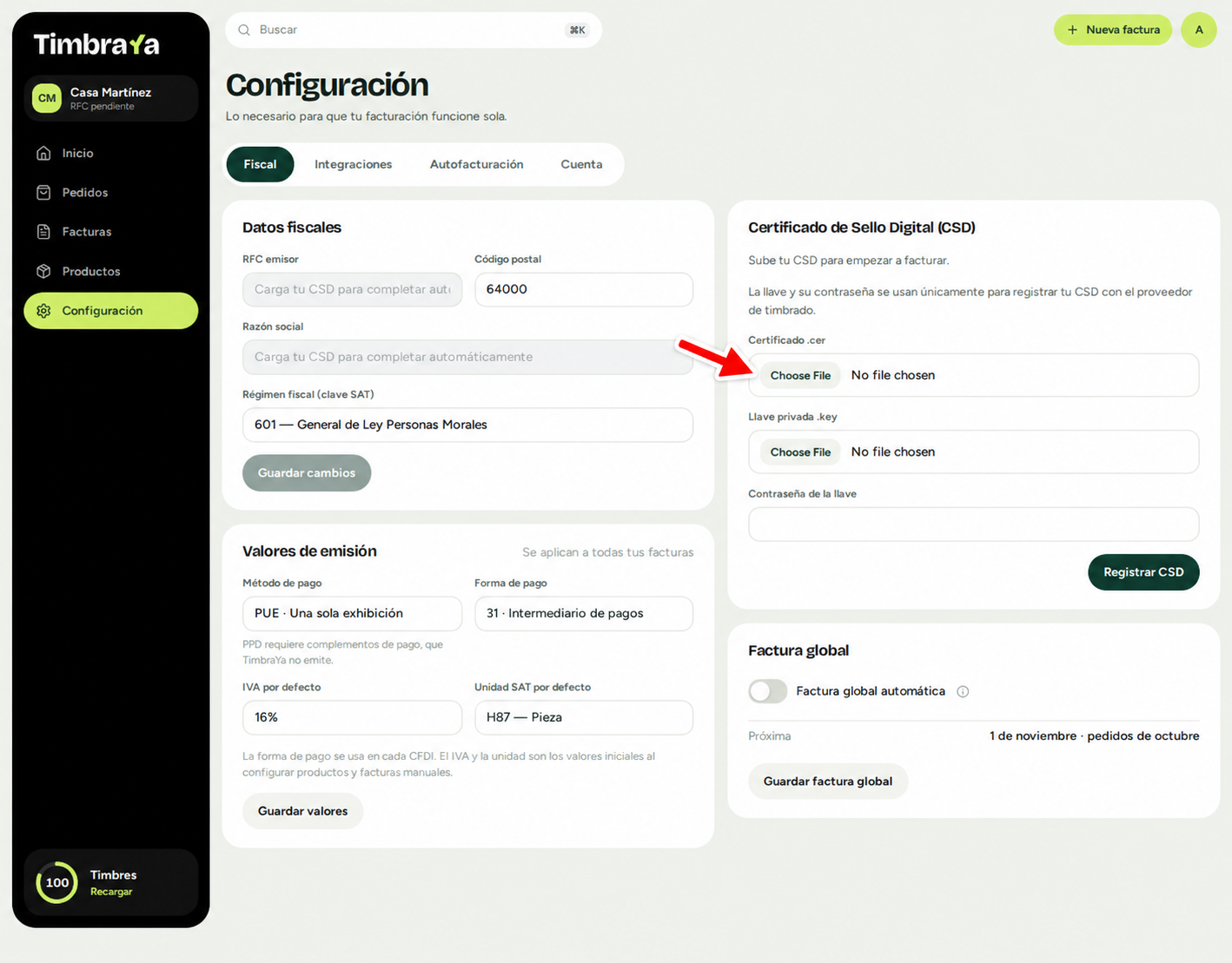 Campos para cargar los archivos del certificado