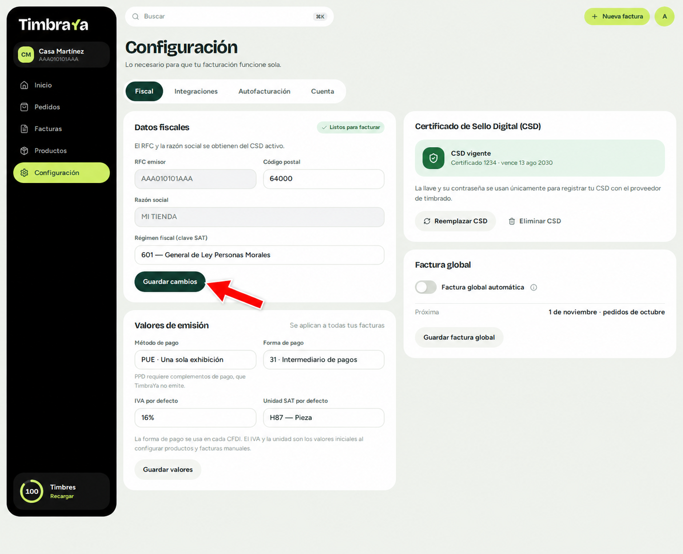 Configuración de los datos fiscales