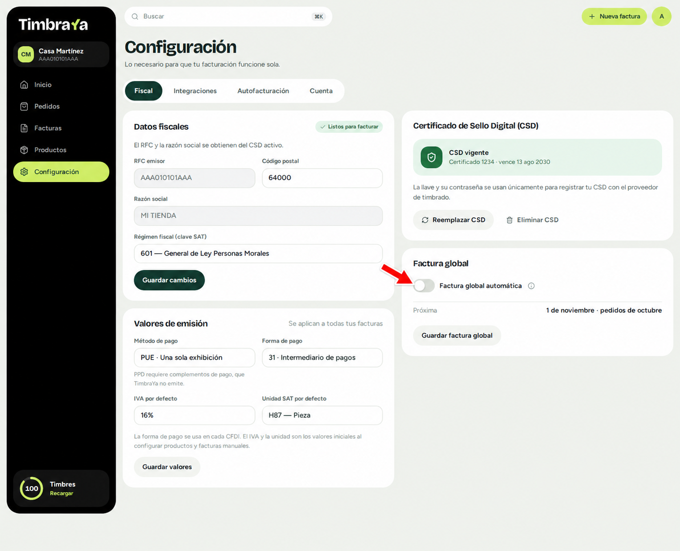 Opción Factura global automática