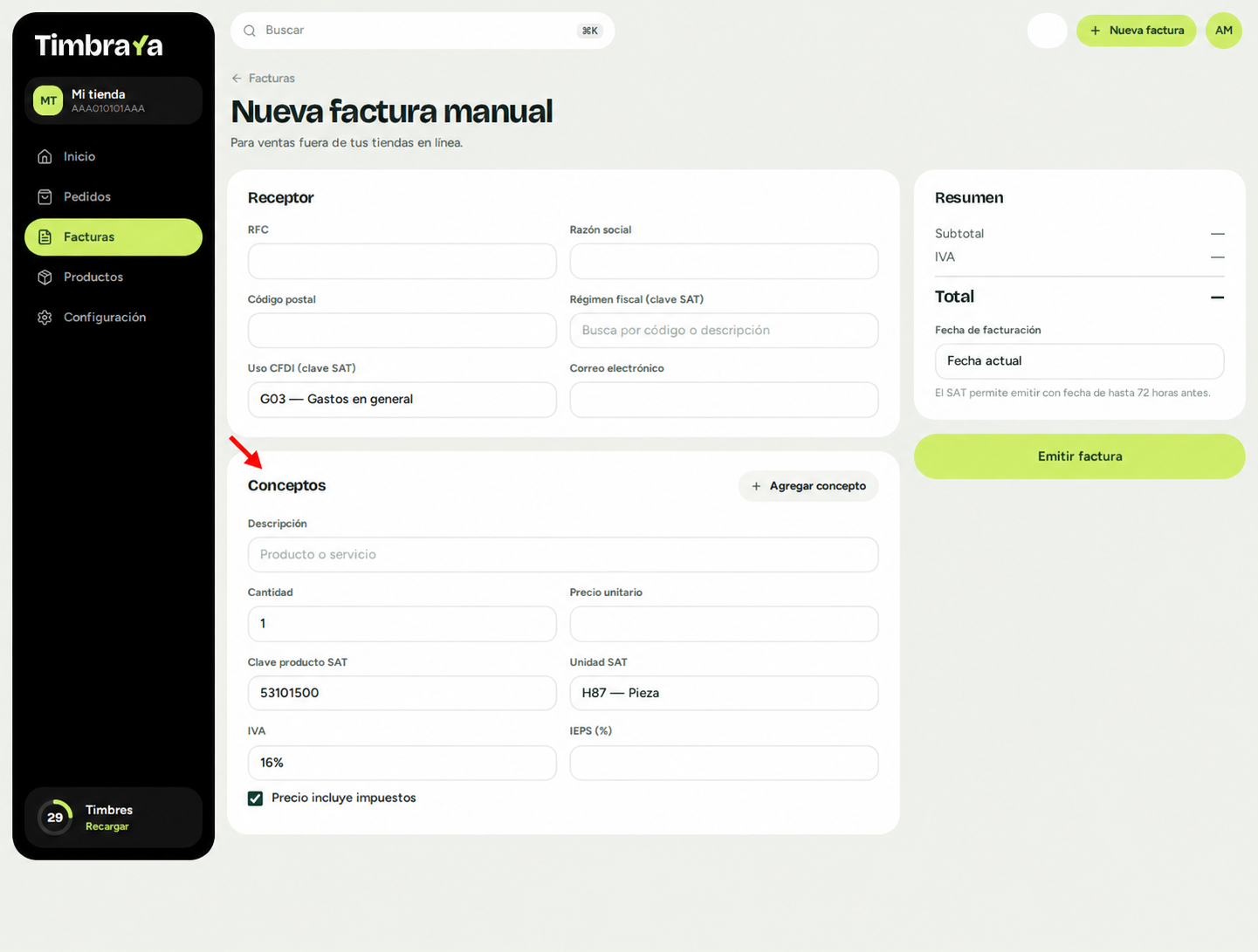 Formulario de factura manual y conceptos