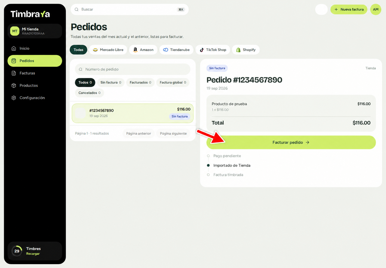 Detalle del pedido y opción Facturar pedido