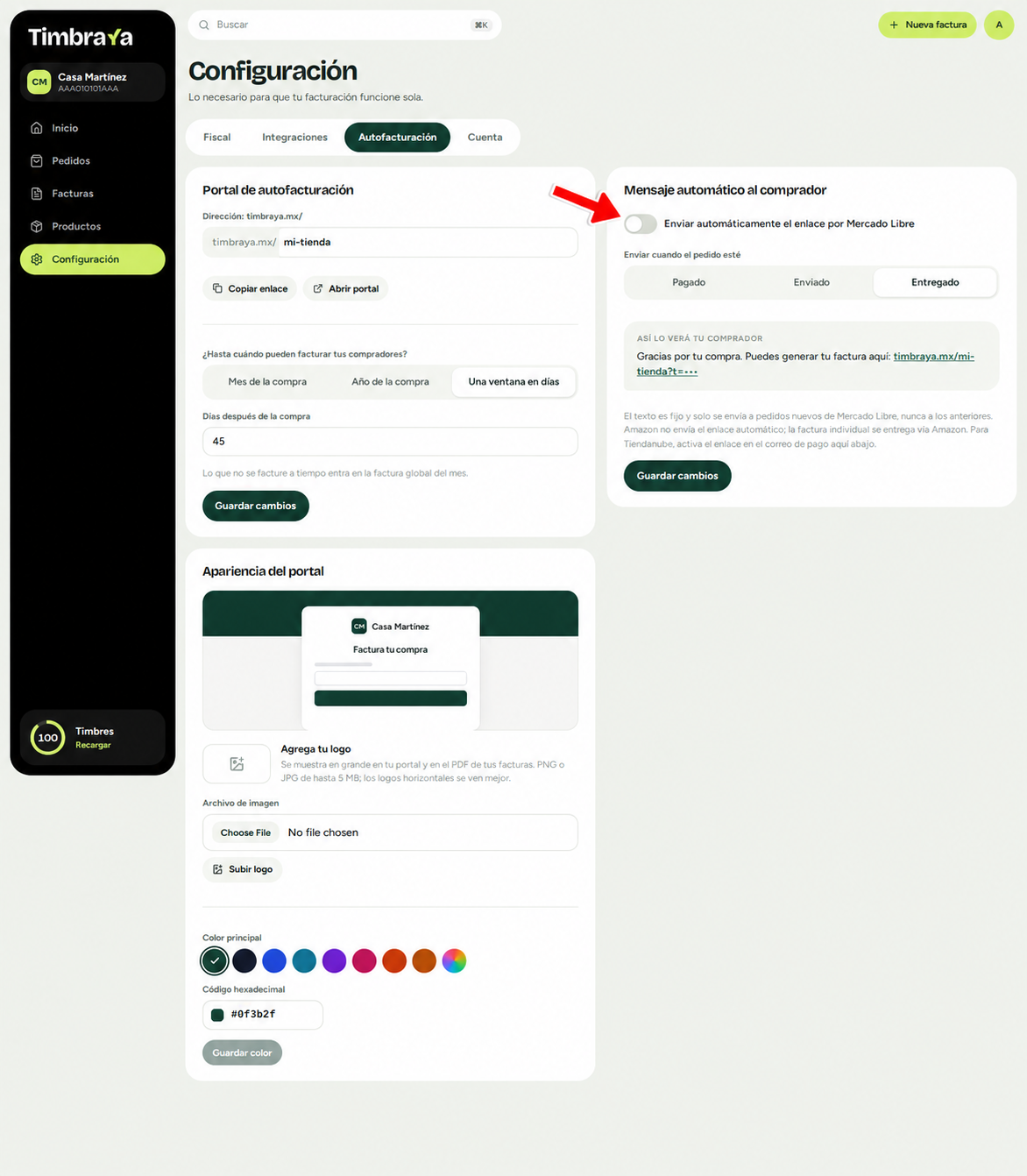 Opción para enviar el enlace por Mercado Libre