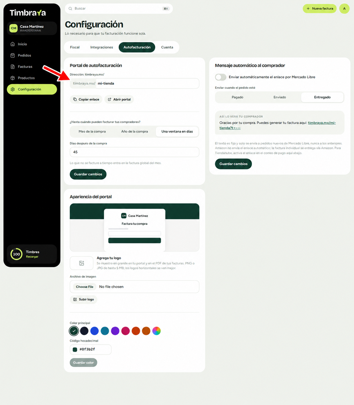 Dirección del portal de autofacturación