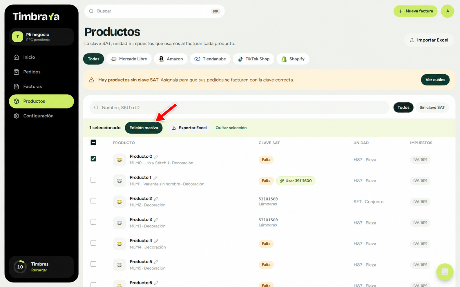Botón Edición masiva al seleccionar productos