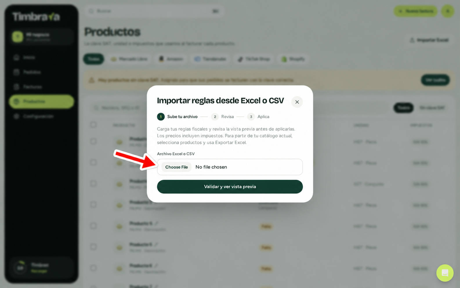 Selector del archivo para importar reglas fiscales