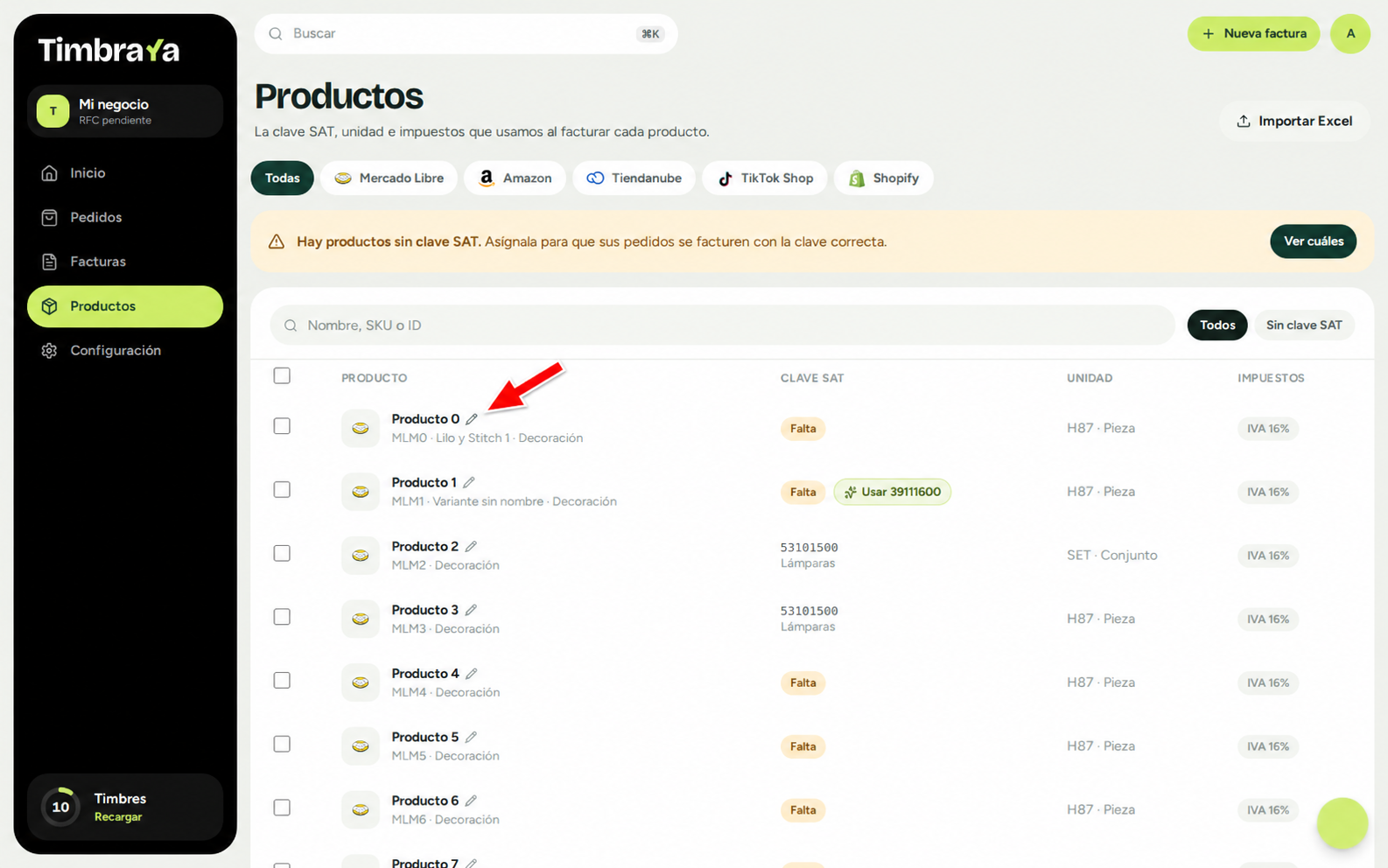 Opción para editar un producto
